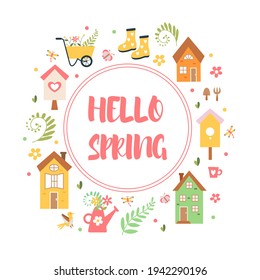 Hello Spring With Lettering And Elements: Birds, House, Birdhouse, Butterfly, Flowers, Watering Can, Garden Wheelbarrow, Dragonfly. Hand Drawn Elements In Flat Style.Vector Illustration.