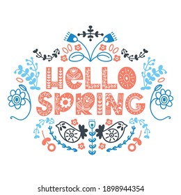 Hello Spring lettering. Elements for invitations, posters, greeting cards. Seasons Greetings