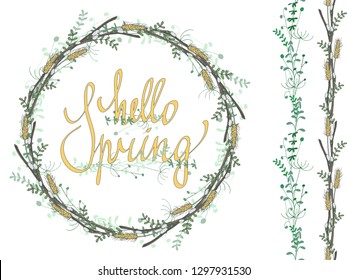 hello spring lettering with floral circle frame and two seamless border vector isolated