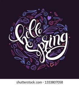 Hello Spring lettering with flowers	
