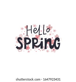 Hello Spring lettering flowers cherry bloom cutout style postcard illustration. Season mood enjoy happy day inspiration graphic design typography element. Hand drawn picture. Simple vector sign