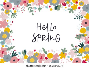 Hello Spring lettering flowers green cutout style wreath frame postcard illustration. Season template inspiration graphic design typography element. Hand drawn picture. Flat vector sign.