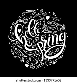Hello Spring lettering with flowers on a black background
