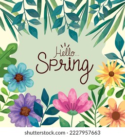 hello spring lettering frame with flowers