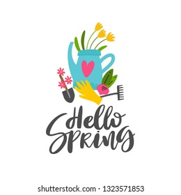 Hello spring lettering with gardening elements in cartoon style isolated on white background. Vector illustration.
