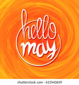 Hello spring lettering. Grange yellow colored frame. Greetings web banner. Spring sale banner. Sunny vector illustration. Cartoon, comic bubble art