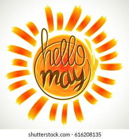 Hello spring lettering. Grange yellow colored frame. Greetings web banner. Spring sale banner. Sunny vector illustration. Cartoon, comic bubble art