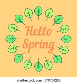 Hello spring lettering with green leaves on background. Romantic text. Modern calligraphy for greeting card design.