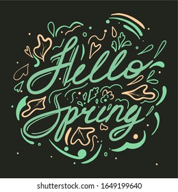 Hello Spring lettering in green and orange colors. Elegant hand drawn font. Beautiful handwriting with leaf on black background. Vector doodle calligraphy isolated illustration.