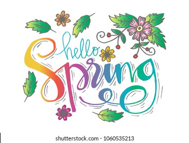 Hello Spring lettering. Greeting card design.