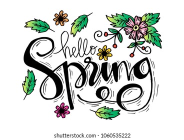 Hello Spring lettering. Greeting card design.