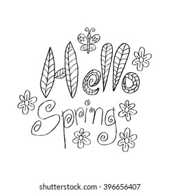 Hello spring lettering. Hand drawing illustration.