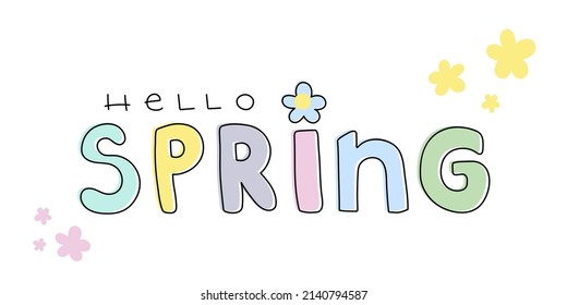 Hola, letras de primavera. Dibujado a mano. Inspiración de primavera floral. Colores pasteles. Ilustración vectorial, diseño plano