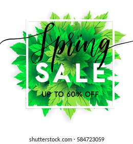 Hello spring. Lettering with hand drawn letters. Label and banner template with bright fresh green leaves with frame vector illustration. Gradient background.