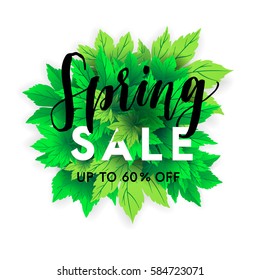Hello spring. Lettering with hand drawn letters. Label and banner template with bright fresh green leaves with frame vector illustration. Gradient background.
