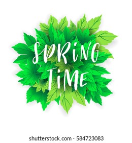 Hello spring. Lettering with hand drawn letters. Label and banner template with bright fresh green leaves with frame vector illustration. Gradient background.