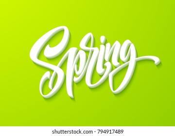 Hello Spring lettering. Hand drawn calligraphy, green background. Vector illustration EPS10
