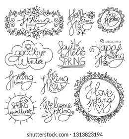 Hello spring lettering handwritten typography set. Calligraphy design elements great for postcards, invites, posters or greeting cards.