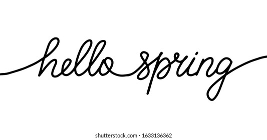 Hello Spring lettering isolated on white background. Vector stock illustration with hand sketched logotype. Hello spring greeting card, badge typography icon. Calligraphy postcard or poster.