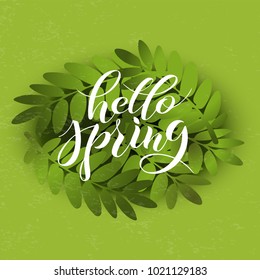 Hello Spring, lettering logotype, typography icon. Greeting card, template. Calligraphy whits background. Typography pocter. EPS 10