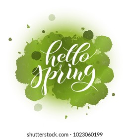Hello Spring, lettering logotype, typography icon. Greeting card, template. Calligraphy whits background. Typography pocter. EPS 10