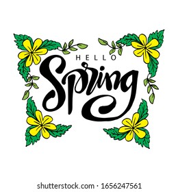 Hello Spring lettering in modern calligraphy style