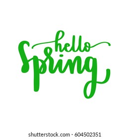 hello spring lettering with modern hand calligraphy on white background.