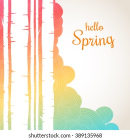 Hello spring lettering on a waves background. Spring birch forest background. Colorful template greeting card