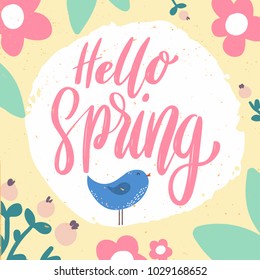 Hello spring. Lettering phrase on background with flowers decoration. Design element for poster, banner, card. Vector illustration