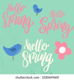 Hello spring. Lettering phrase on background with flowers decoration. 