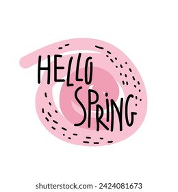 Hello Spring lettering with pink spot isolated on white background. Handwritten pen lettering design for banner, flyer, brochure, card, poster. Hand drawn Hello spring black lettering phrase