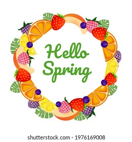 Hello spring lettering with raspberry, blackberry, strawberry, blueberry, peach, orange and greenery. Vector cartoon elements of berries and fruits. Vector illustration. Round template for your design