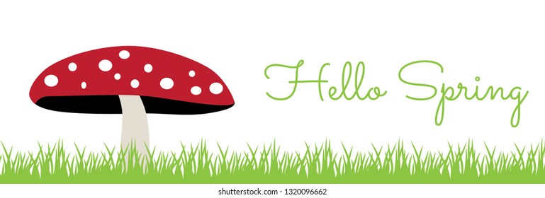 Hello spring lettering with red mushroom and green grass vector illustration
