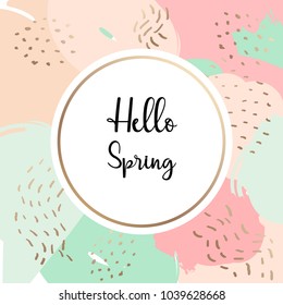 Hello Spring lettering in round frame over colorful background. Greeting postcard