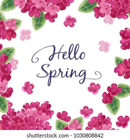 Hello Spring lettering. Sakura flowers, cherry blossom, pink background. Spring vector illustration EPS10.
