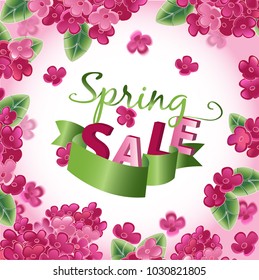 Hello Spring lettering. Sakura flowers, cherry blossom, pink background. Spring vector illustration EPS10.