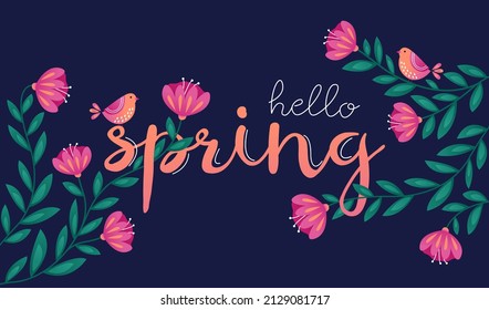 Hello Spring lettering season greeting card, invitation floral template. 