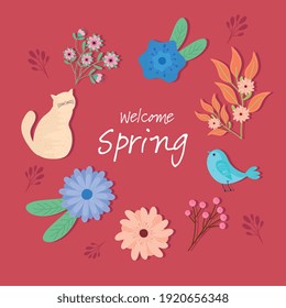 hello spring lettering seasonal card with flowers and bird around vector illustration design