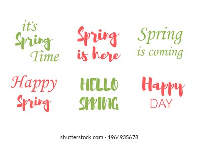 Hello spring lettering. Set of cute hand drawn vector illustrations.