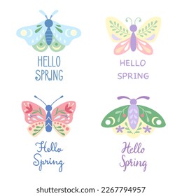 Hola, letras de primavera. Conjunto de polillas y mariposas en los colores primaverales doodle estilo plano. 