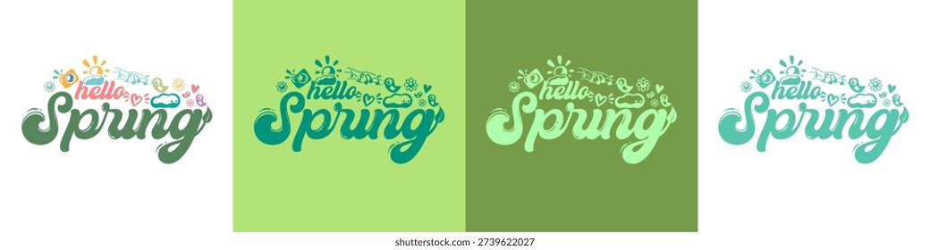 Hello Spring lettering set with nature doodles and eco icons, green typography collection for seasonal branding and environmental projects. Vector Hello Spring sticker lettering collection. Professional set of 