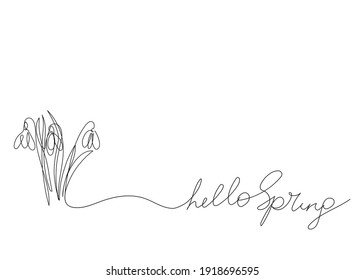 Hello Spring lettering with snowdrop flowers. Lettering spring season with snowdrops  for greeting card, invitation template