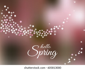 Hello Spring lettering with sparkling stream from sakura flowers on blurred pink background. Spring greeting card or poster template. Vector illustration.