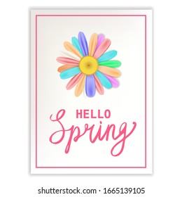 Hello Spring lettering template banner with fresh flower multi colored daisies, chamomiles. Vector illustration. Floral design for posters, flyers, greeting card, invitation
