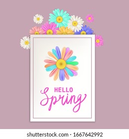 Hallo Frühlingsmagnet Template Banner mit frischen Blumen Bouquet mehrfarbige Gänseblümchen, Kamille. Vektorillustration. Blumendesign für Plakate, Flyer, Grußkarte, Einladung