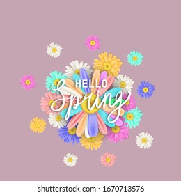 Hallo Frühlingsmagnet Template Banner mit frischen Blumen Bouquet mehrfarbige Gänseblümchen, Kamille. Vektorillustration. Blumendesign für Plakate, Flyer, Grußkarte, Einladung