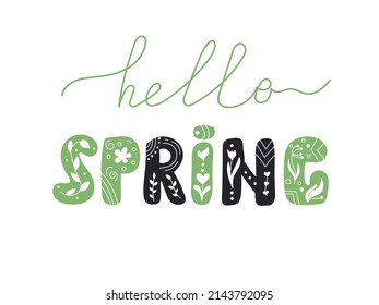 Hola diseño de texto con letras primavera para decoración, tarjetas, impresión, web, afiche