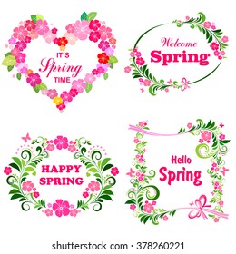 Hello spring lettering typography set. Vector Illustration