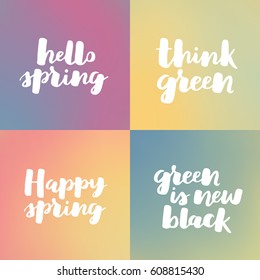 Hello spring lettering typography set. Calligraphy postcard or poster graphic design element. Hand written style card. Simple vector brush sign. White ink on green dreamy gradient.