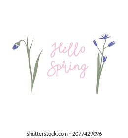 Hello Spring lettering. Vector color hand drawn illustration with blue flowers. For greeting card, poster, banner.